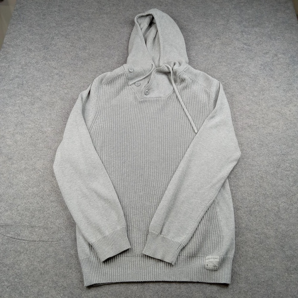 Express Sweater Mens Large Gray 100% Cotton Hooded Waffle Knit Henley Pullover